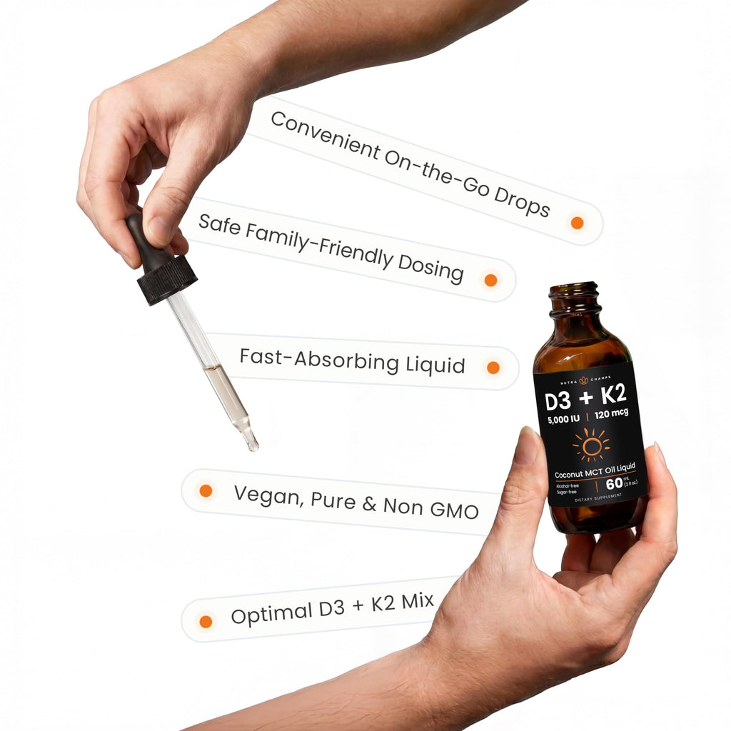 NutraChamps Vitamin D3 K2 Drops, Liquid Vitamin D3 5000 IU & K2 D3 with MK7, Vitamin D Drops for Kids, Bones, Heart & Immune Health, Liquid Vitamin D in MCT Oil for Better Absorption