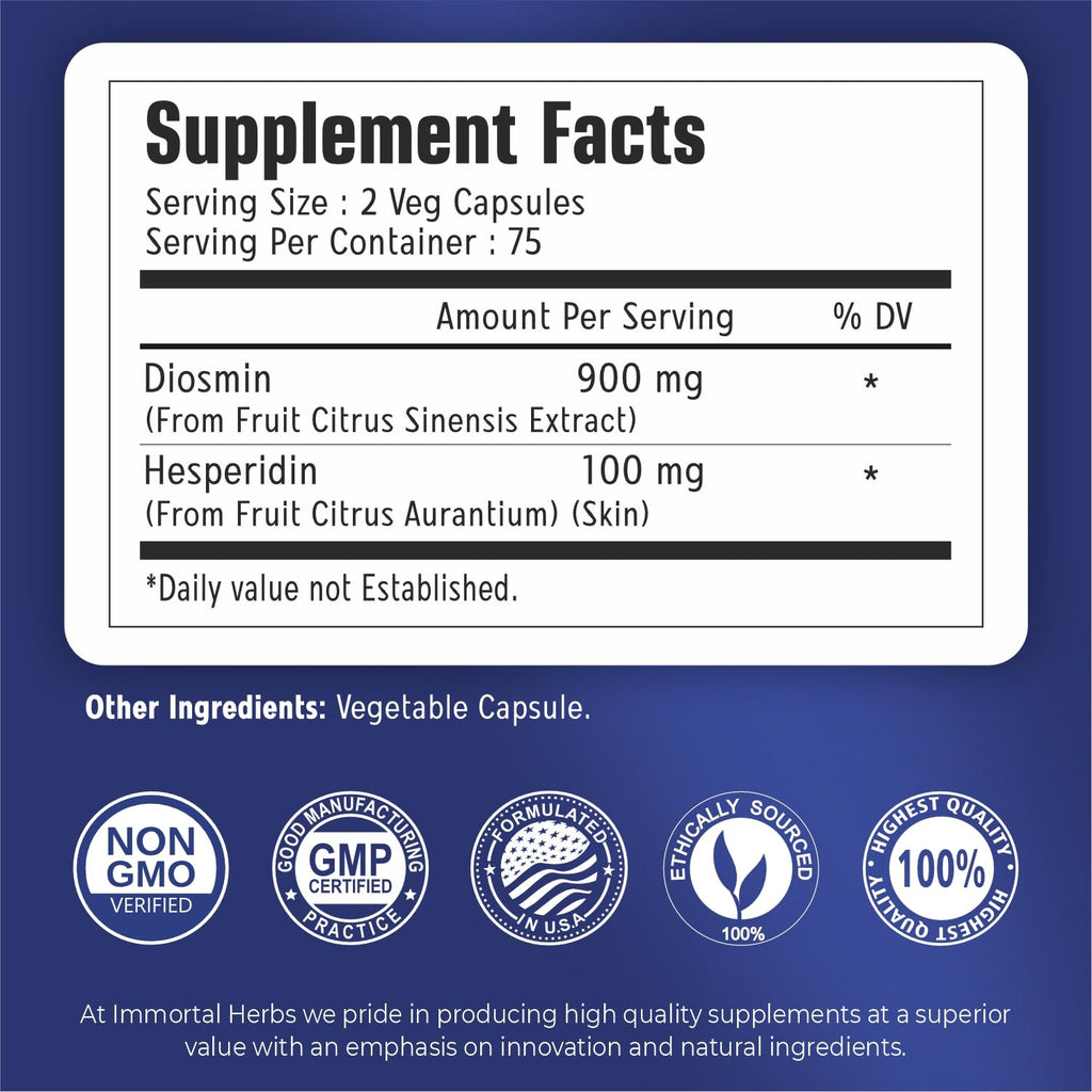 Immortal Herbs Diosmin Hesperidin 1000mg Complex, 150 Capsules, Citrus Bioflavonoids Rich Fruit Extract, 100% Vegetarian, Non-GMO & Gluten Free Diosmin Supplement with Max Strength