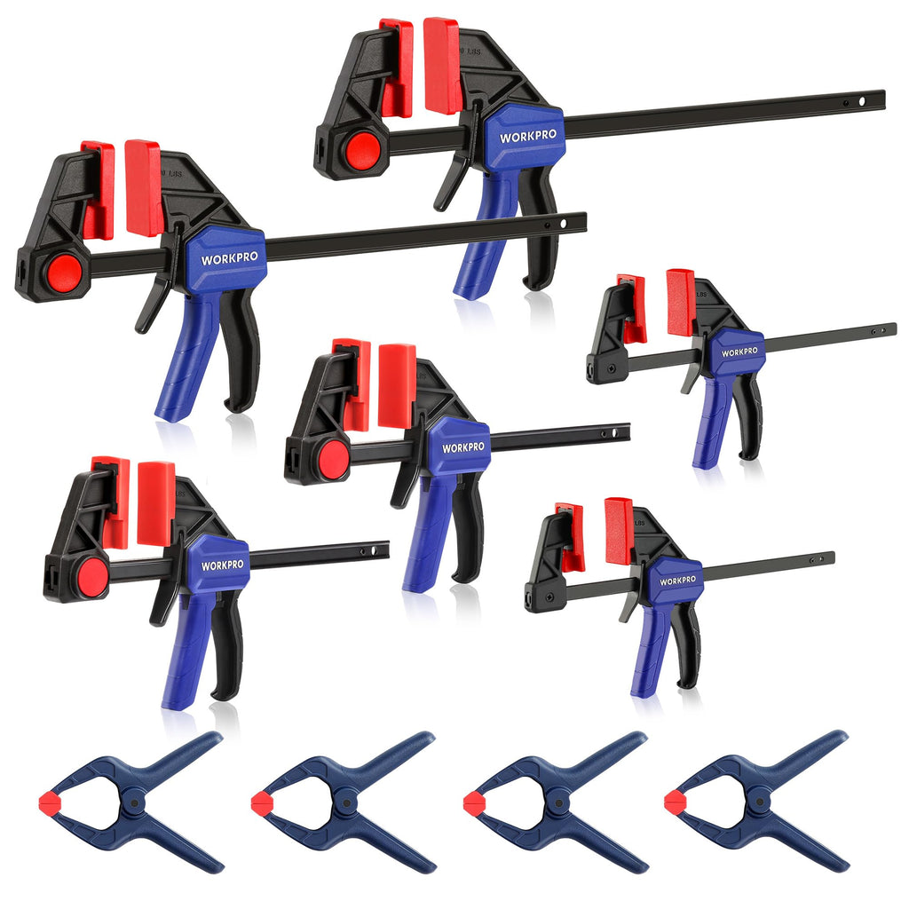 WORKPRO 10-Pack Bar Clamps for Woodworking, 6-Inch (2) Mini & (2) Light Duty and 12-Inch (2) Wood Clamps & 4-1/2-Inch (4) Spring Clamps, F Clamp with 50/150 LBS Load Limited