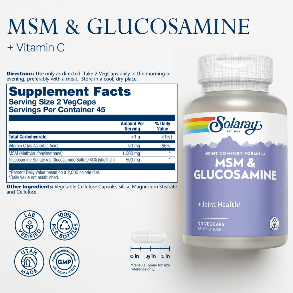 SOLARAY MSM & Glucosamine - Healthy Joint Support Supplement for Flexibility and Range of Motion - Vitamin C for Enhanced Absorption - Lab Verified - 60-Day Guarantee - 45 Servings, 90 VegCaps