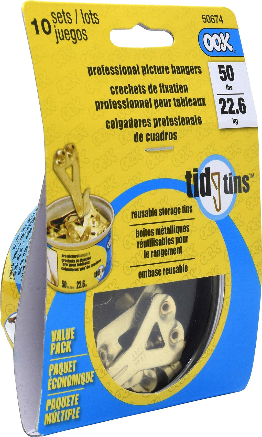 OOK 50674 Professional Picture Hangers, Reusable Art Hooks, Padded, Brass, 50lbs (10 Set) Gold