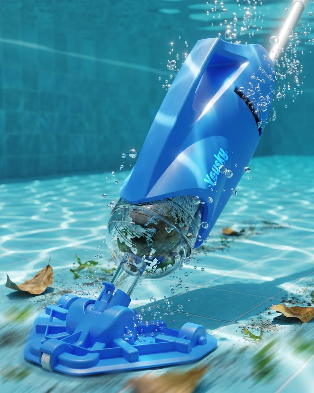 Yousky Cordless Pool Vacuum for Above Ground & Inground Pools, 18.5GPM Suction with 2 Brush Heads for Leaves, Debris, with Telescopic Pole Back-Friendly Cleaning, Hot Tub Spa Handheld Cleaner (Blue)