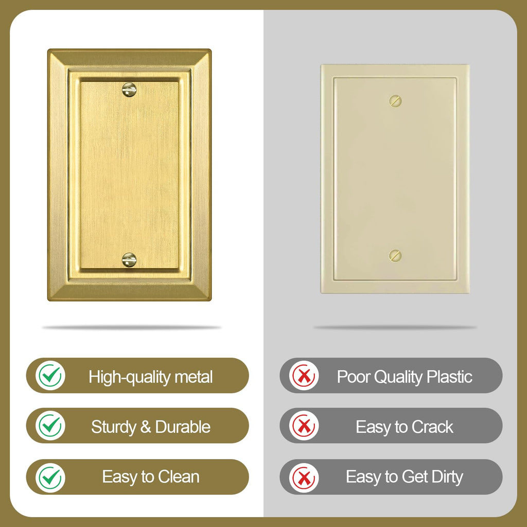 Metal Wall Plate for Electrical Outlets, Decorative Brass Gold Switch Plates Outlet Cover, Light Switch Cover Plate, 1-Gang Wall Plates (Single blank, 4 Pack)