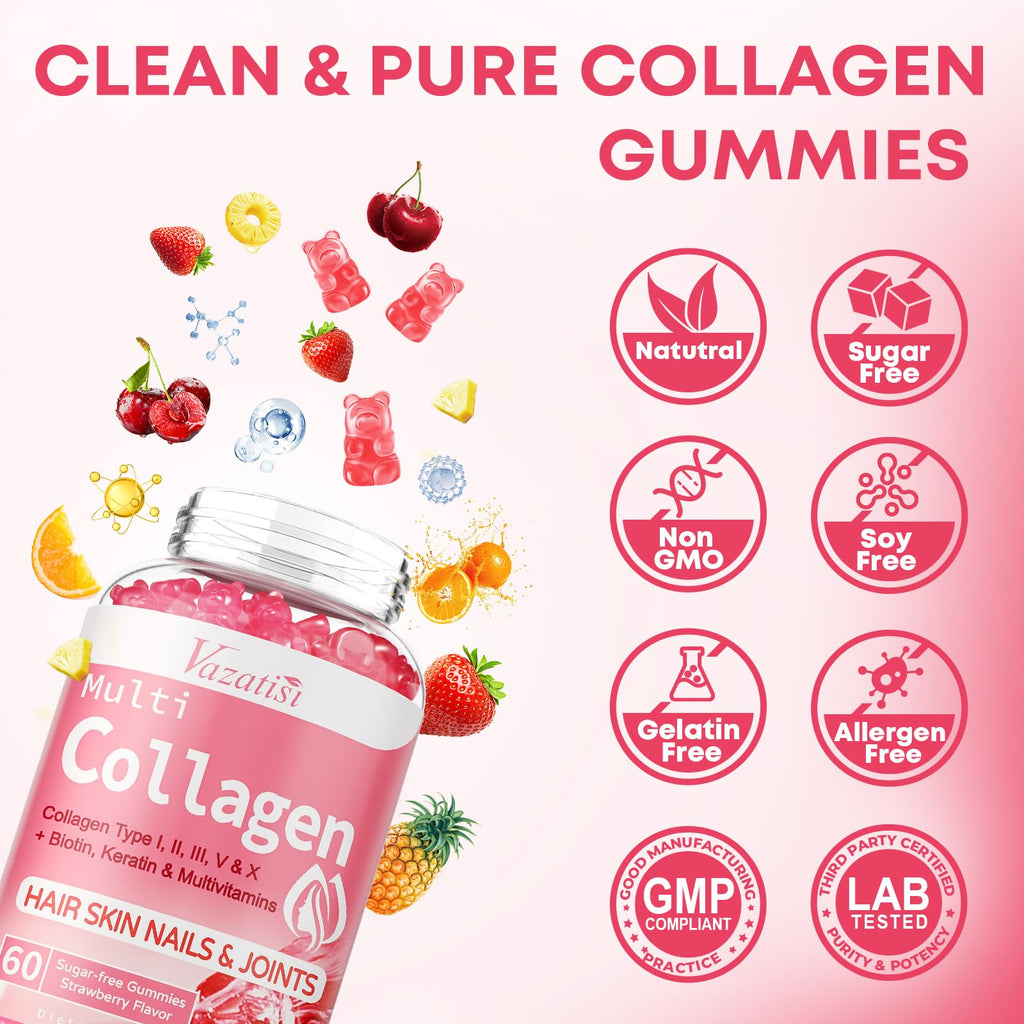 Collagen Peptide Gummies for Women & Men Sugar Free, Hydrolyzed Collagen with Biotin for Hair Skin Nails Digestion, Multi Collagen Protein Type I II III V X with Hyaluronic Acid & Vitamin C, 60 Count