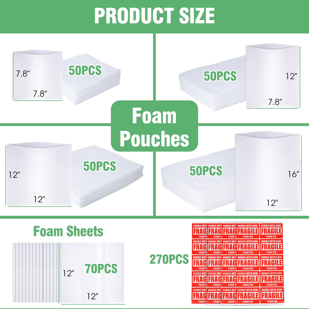 540Pcs Dish Packing Supplies for Moving, 270 Cushion Foam Wrap Pouches & Sheets 4 Sizes (16x12", 12x12", 12x7.8", 7.8x7.8") with 70 Fragile Stickers Plate Packing Sleeves for Fragile Shipping Storage
