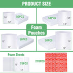 540Pcs Dish Packing Supplies for Moving, 270 Cushion Foam Wrap Pouches & Sheets 4 Sizes (16x12", 12x12", 12x7.8", 7.8x7.8") with 70 Fragile Stickers Plate Packing Sleeves for Fragile Shipping Storage
