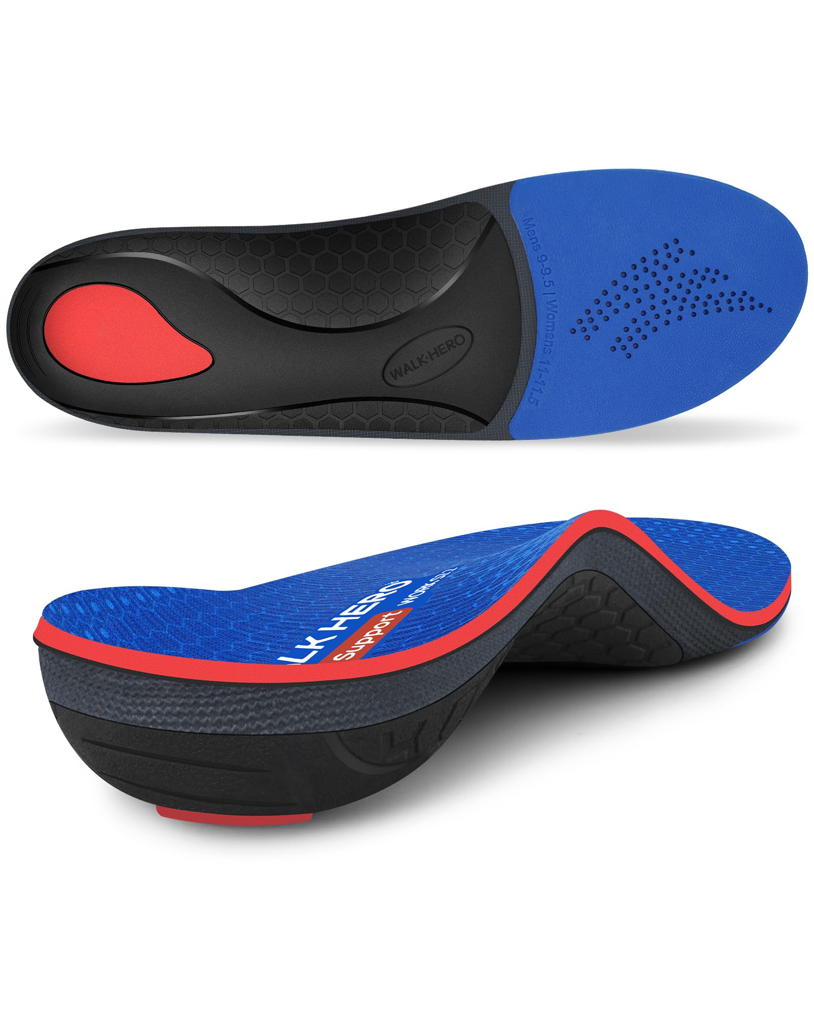 Walkhero Arch Support Inserts for Men & Women - Plantar Fasciitis Insoles with Max Cushion, Orthotics for Heel Pain Relief, Work Boots, Standing All Day (Mens 10-10.5 | Womens 12-12.5, Starry Blue)