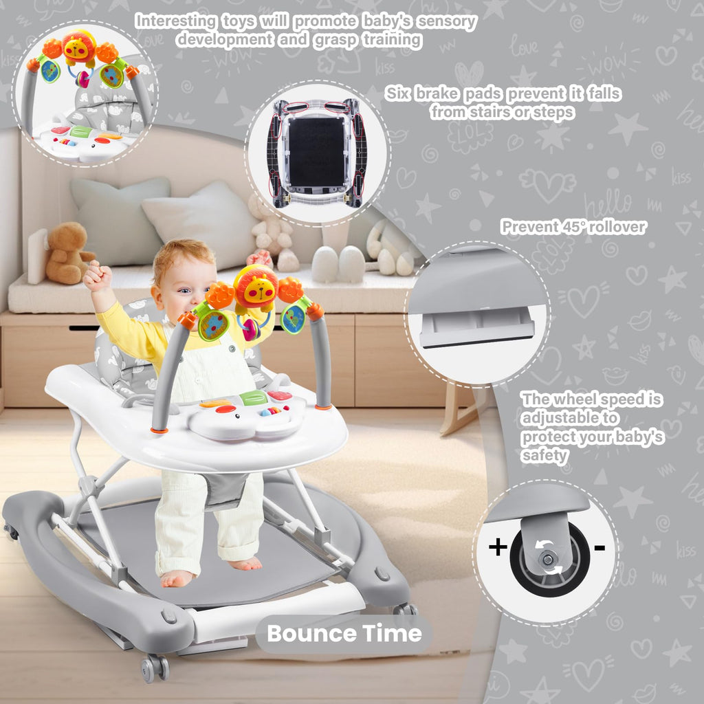 RefoereBabe Baby Walker with Wheels, 5 in 1 Baby Walkers for Boys Girls 6-12 Months, Foldable Walker Baby with Bouncer & Feeding Tray, Music, Adjustable Heights