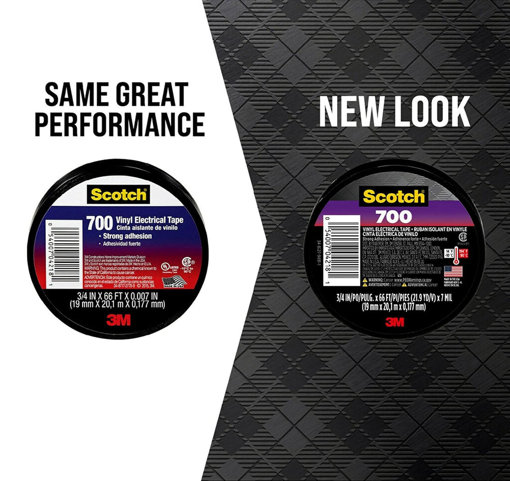 Scotch Vinyl 700 Electrical Tape, 1 Roll, Black, 3/4-in x 66-ft, General Purpose, Commercial Grade, Rated for Temperatures Up to 194-Degree, Highly Flexible, Stretchy & Conformable (700)