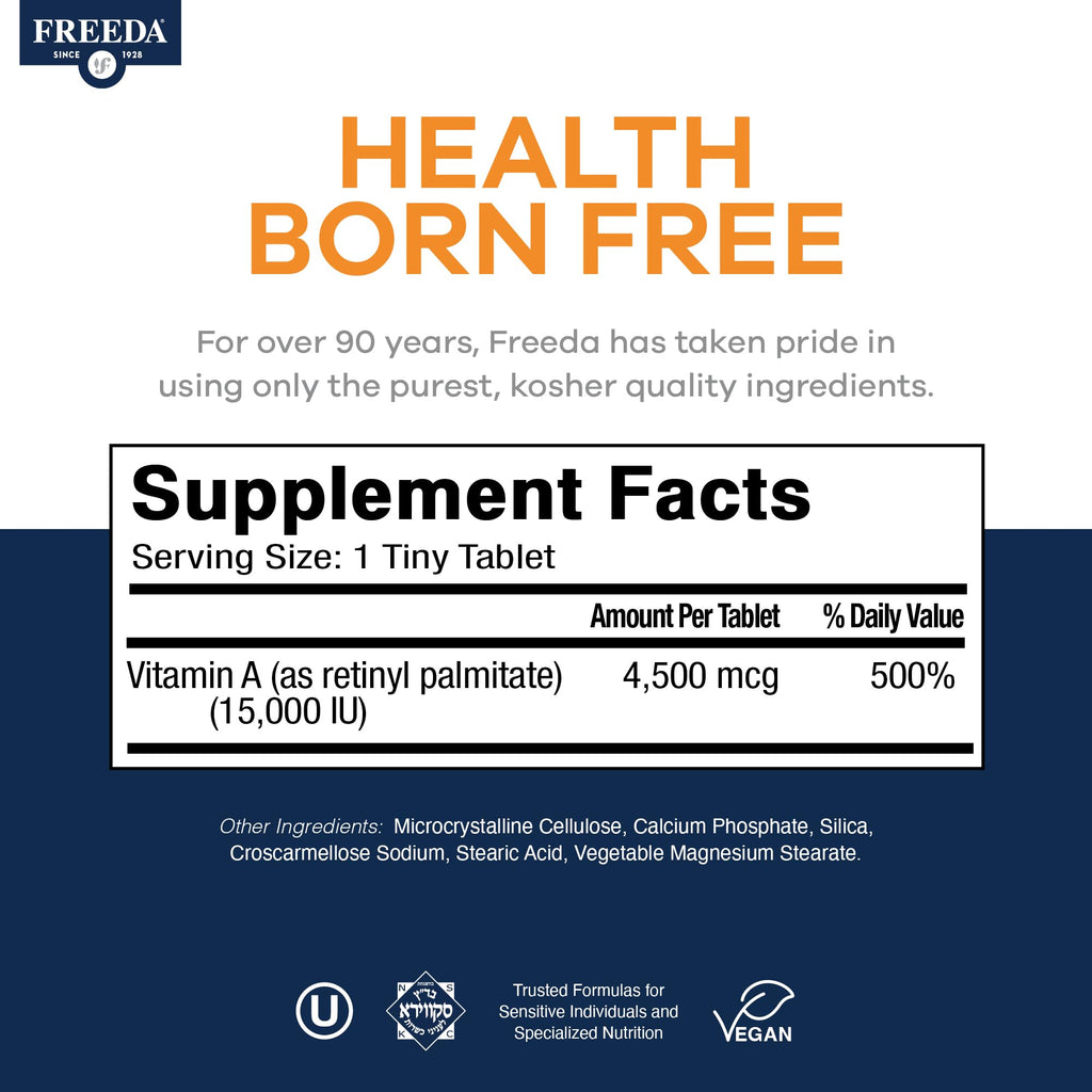 Freeda Vitamin A 15,000 IU – Retinyl Palmitate – Vegan, Kosher, No Fish – Eye, Vision, Immune & Skin Support – Tiny Easy-to-Swallow Tablets – VIT A Vitamina A Supplement – 250 Tablets