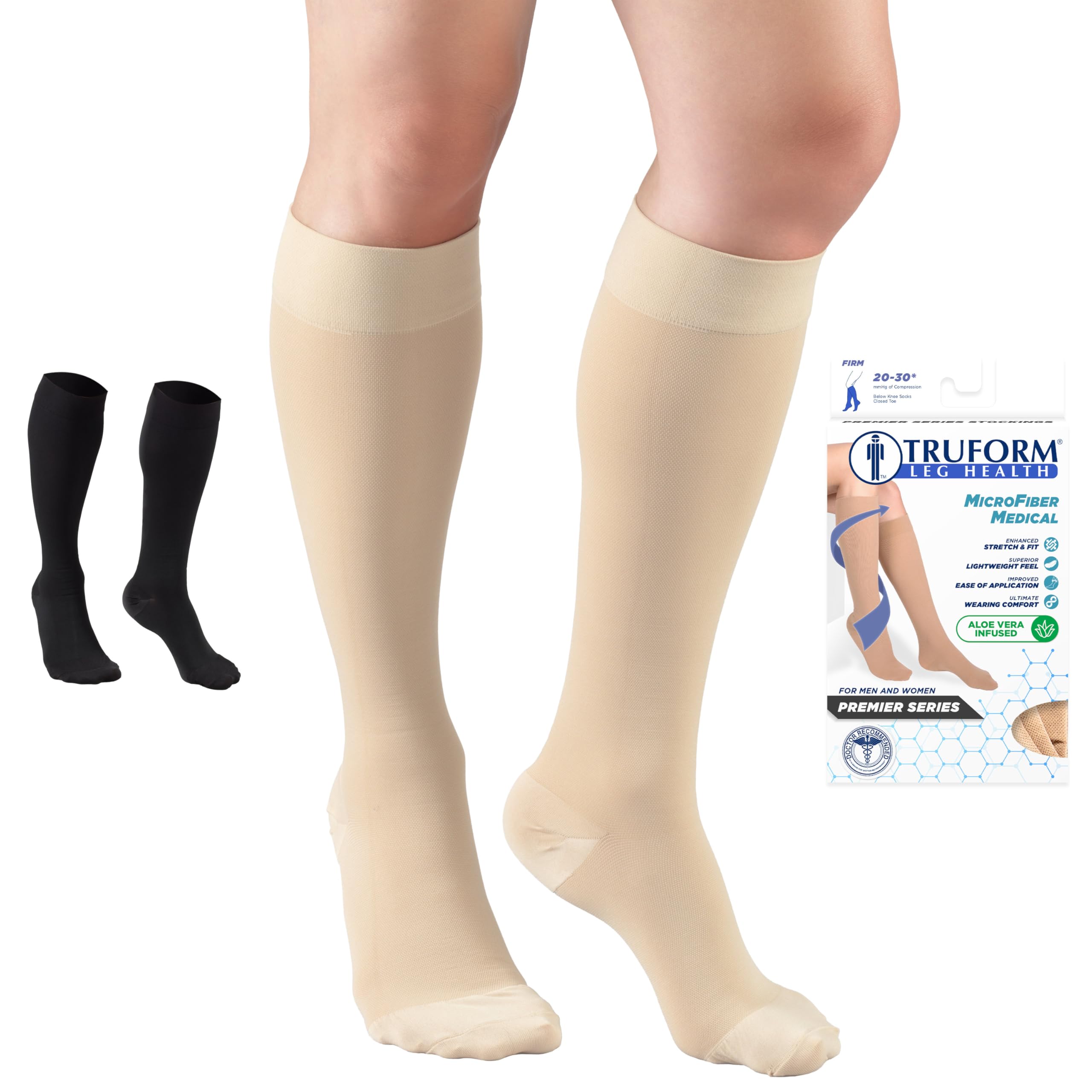 Truform 20-30 mmHg Medical Compression Stockings, Aloe Infused Microfiber, Knee High, Closed Toe, Beige, Medium