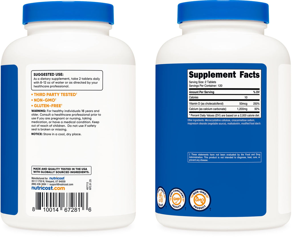Nutricost Calcium with Vitamin D, 240 Tablets - Calcium (1200mg) Vitamin D (50mcg) Per Serving - Non-GMO, Gluten Free