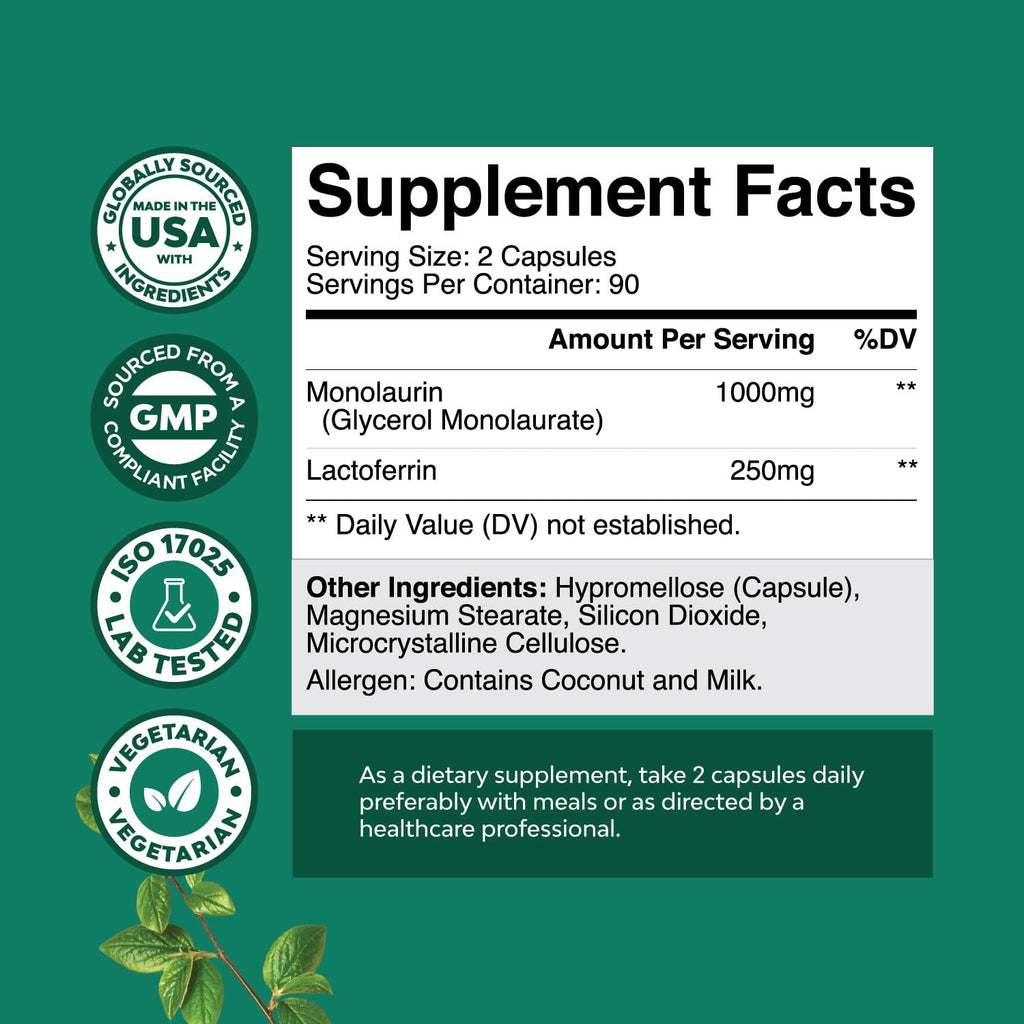 High Strength Lactoferrin & Monolaurin Supplement - Microbiome Digestive Health Immune Support Supplement - 250mg Lactoferrin and Monolaurin 1000mg Capsules - Vegetarian 180 Count (Pack of 1)