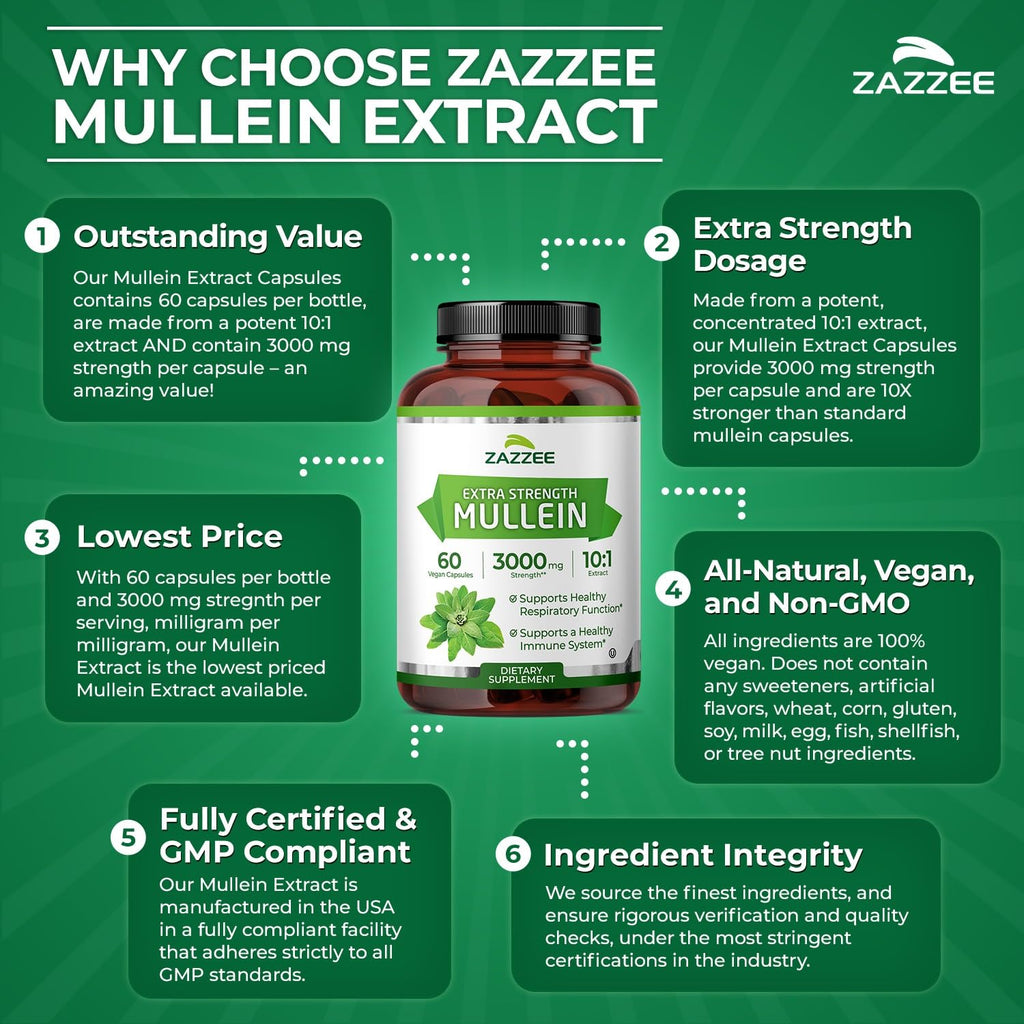 Zazzee Extra Strength Mullein 10:1 Extract, 3000 mg Strength, 60 Vegan Capsules, 2 Month Supply, Certified Kosher, Lung and Respiratory Support, 100% Pure Leaf Powder, Non-GMO, Made in The USA