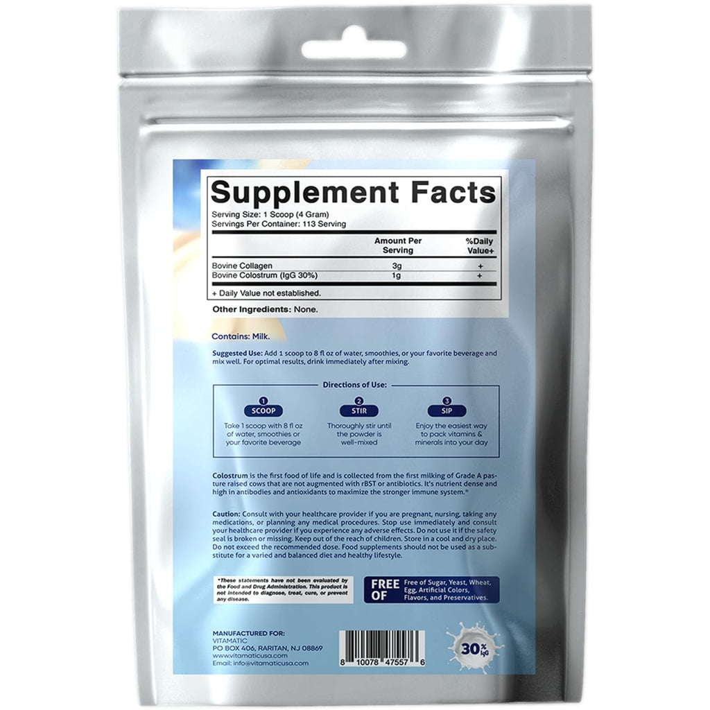 Vitamatic Bovine Colostrum + Collagen Powder - Supplement for Gut Health, Hair Growth, Beauty, Muscle Recovery, & Immune Support - Easy to Mix - Unflavored - 454 Gram, (16 oz)