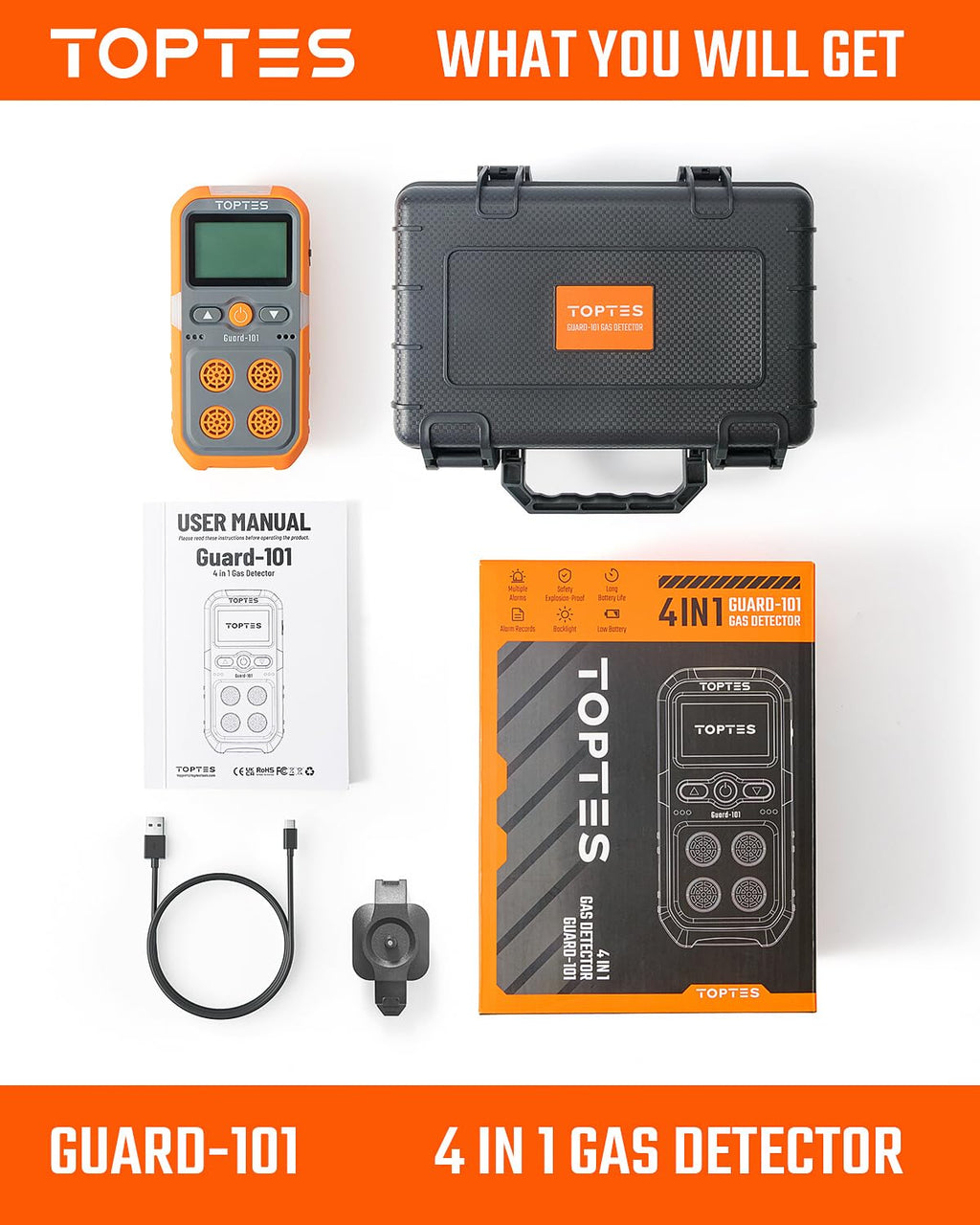 TopTes Guard-101 Gas Detector, 4 Gas Monitor for H2S, CO, LEL and O2, with Vibration, Visual and Audible Alarms, 14h Long Battery Life, Safety Explosion-Proof, for Work, Home - Orange