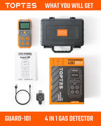 TopTes Guard-101 Gas Detector, 4 Gas Monitor for H2S, CO, LEL and O2, with Vibration, Visual and Audible Alarms, 14h Long Battery Life, Safety Explosion-Proof, for Work, Home - Orange