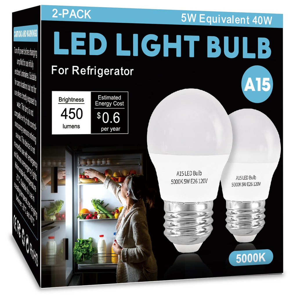 LOXYEE LED Refrigerator Light Bulb 2 Pack，Dimmable A15 5000K 40W Equivalent