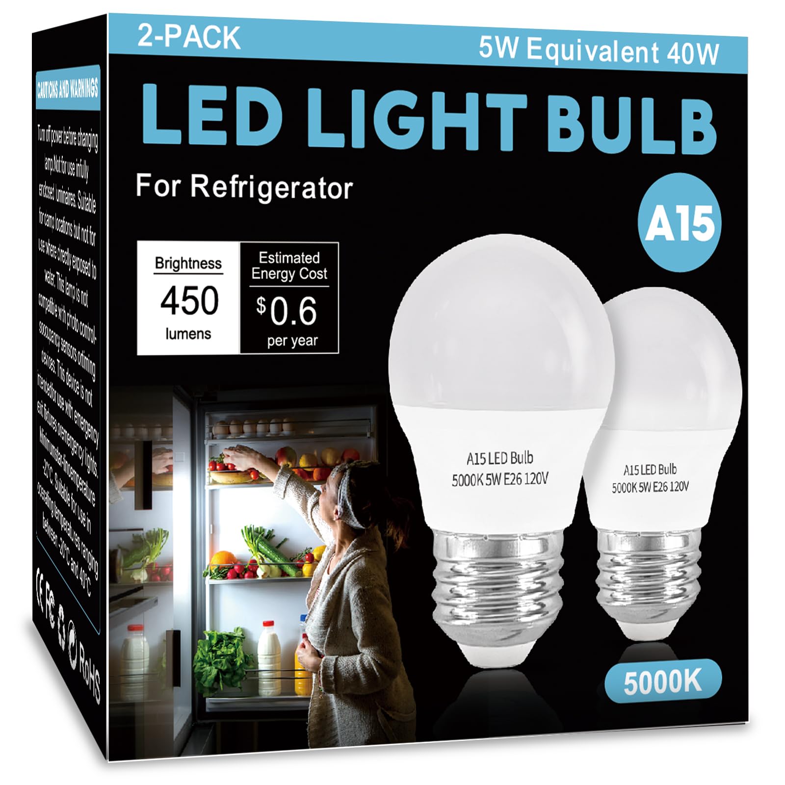 LOXYEE LED Refrigerator Light Bulb 2 Pack，Dimmable A15 5000K 40W Equivalent
