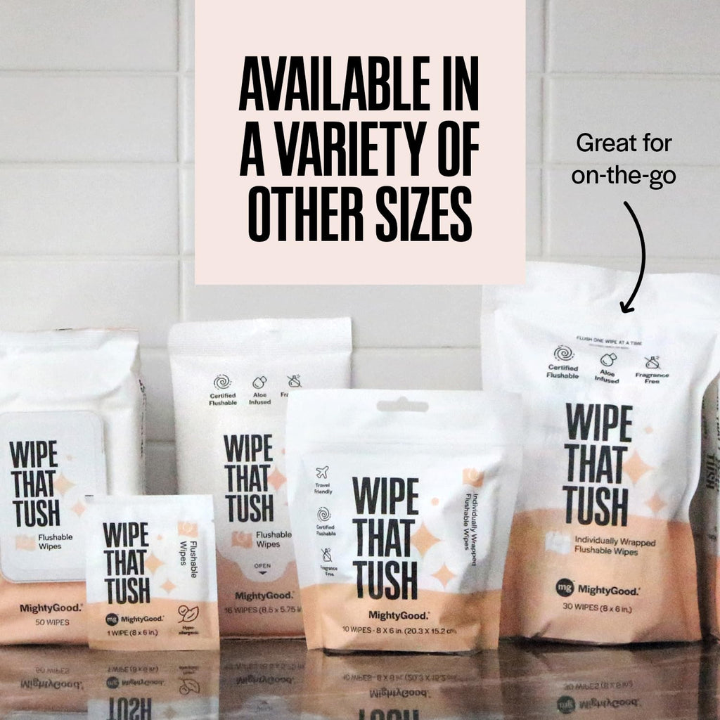 Wipe That Tush Flushable Wipes - 6 Packs of 50, 300 Total - Soothing Oatmeal Scent - Extra Large & Soft - Hypoallergenic With Aloe & Vitamin E - Septic-Safe