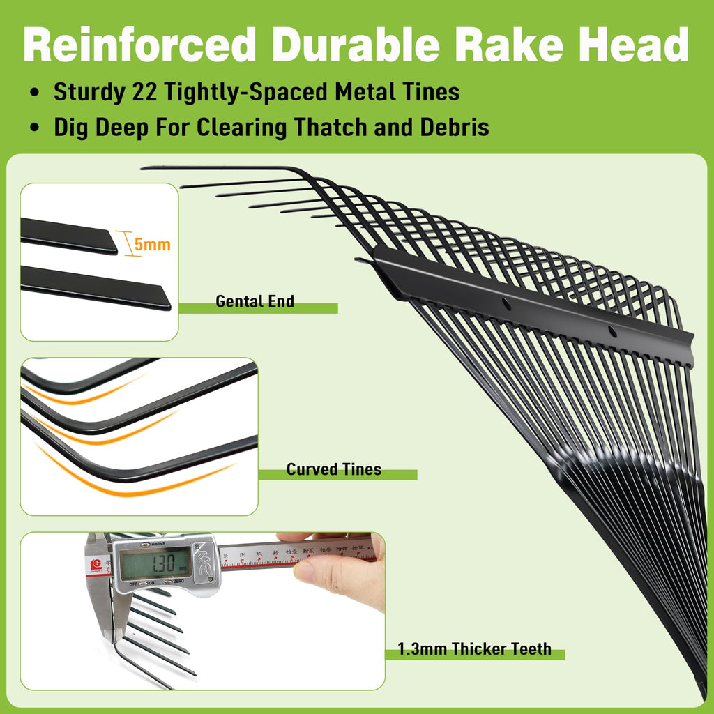 Altdorff Garden Leaf rake, 6FT Rake for Lawns Lightweight 22 Metal Tines 16.3 inch Wide, Adjustable Steel Handle, Rakes for Leaves, Gathering Shrub, Grass, Weeds, Debris,Yard