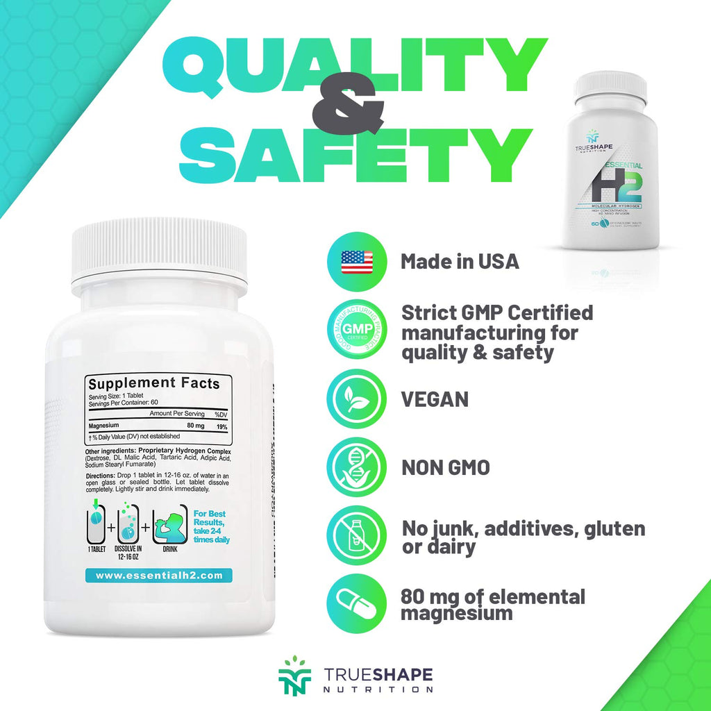 TrueShape Nutrition Essential H2 Fizzy Molecular Hydrogen Tablets for Water Nutritional Supplement (Unflavored, 60 Servings)