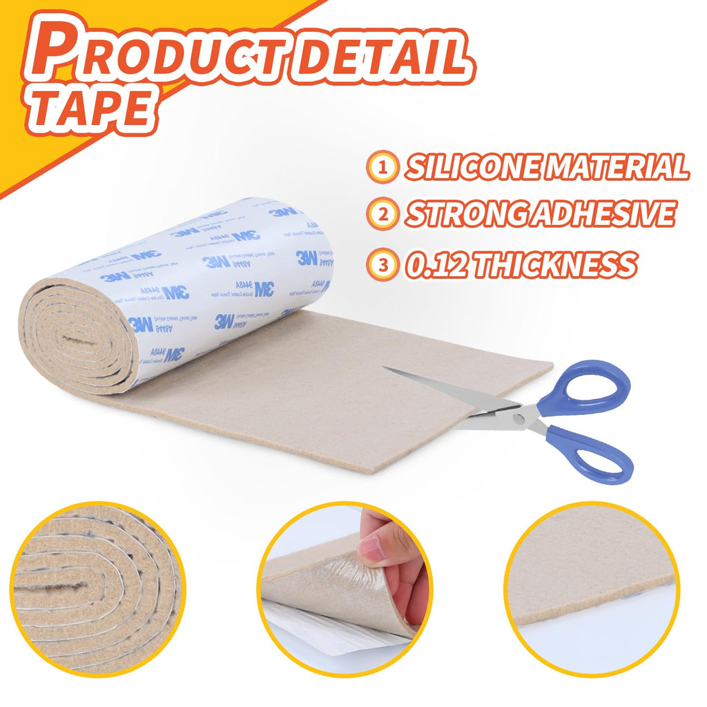 Felt Furniture Pads, Non Slip Self Adhesive Cuttable Felt Tape Beige Heavy Duty Felts Strip Roll for Protecting Hardwood Floors Chair Wall Protector (40 x 5 x 0.12 Inch, 2 Pack)