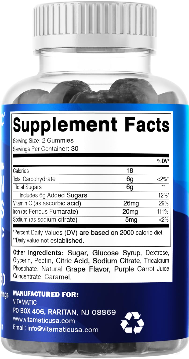 Vitamatic Iron Gummies Supplement for Women & Men - 20mg Serving - 60 Vegan Gummies - Great Tasting Iron Gummy Vitamins with Vitamin C (60 Count (Pack of 2))