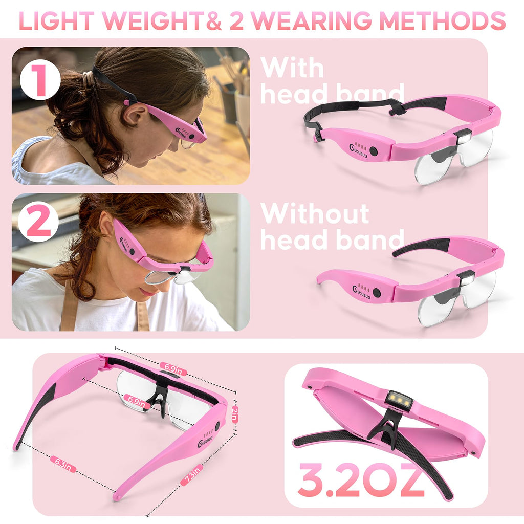GUOUBUO Magnifying Glass with Light, 1.5X-5.0X Magnifying Glasses, Rechargeable Magnifier Headset with Light, Head Magnifier with 4 Detachable Lenses, Magnify Glasses for Close Work Crafts Jewelry
