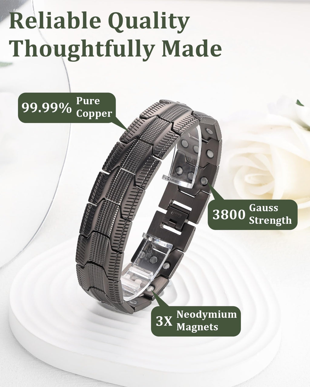 Fashtour 3X Copper Bracelet for Men Triple Ultra Strength Magnets, Masculine Design Pure Copper Magnetic Bracelet, Adjustable Length with Sizing Tool (Gunmetal 1)