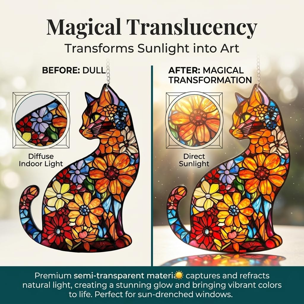 Cat Stained Glass Window Hanging Ornament Gift for Cat Lovers Mom 8 Inch