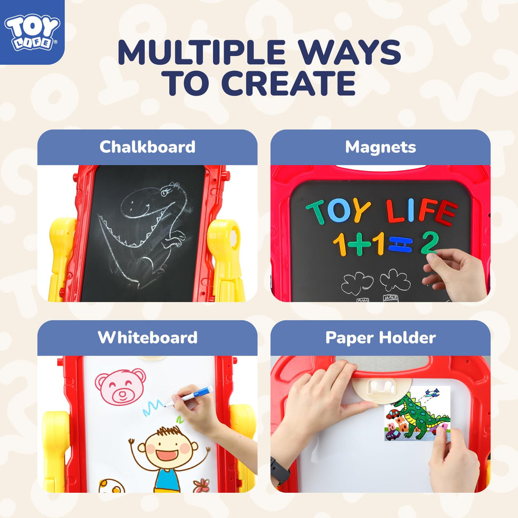 STEAM Life Large Art Easel for Kids, Double-Sided 4In1 Toddler Easel with Rotable Magnetic Chalkboard & White Drawing Board, Height Adjustable with Magnetic Letters & Numbers Gifts for Boys and Girls