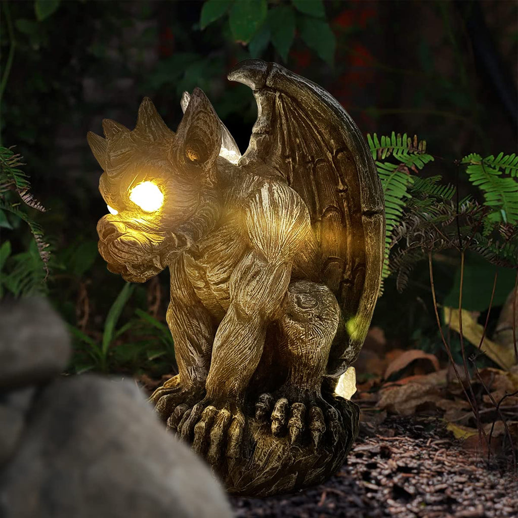 MIBUNG Large Winged Gargoyle Statue with Solar Lights Outdoor Decor, Sitting Gargoyle Monster Dragon Garden Guardian Gothic Creep Scary Sculpture, Patio Yard Lawn Decorations, Valentine's Day Gift