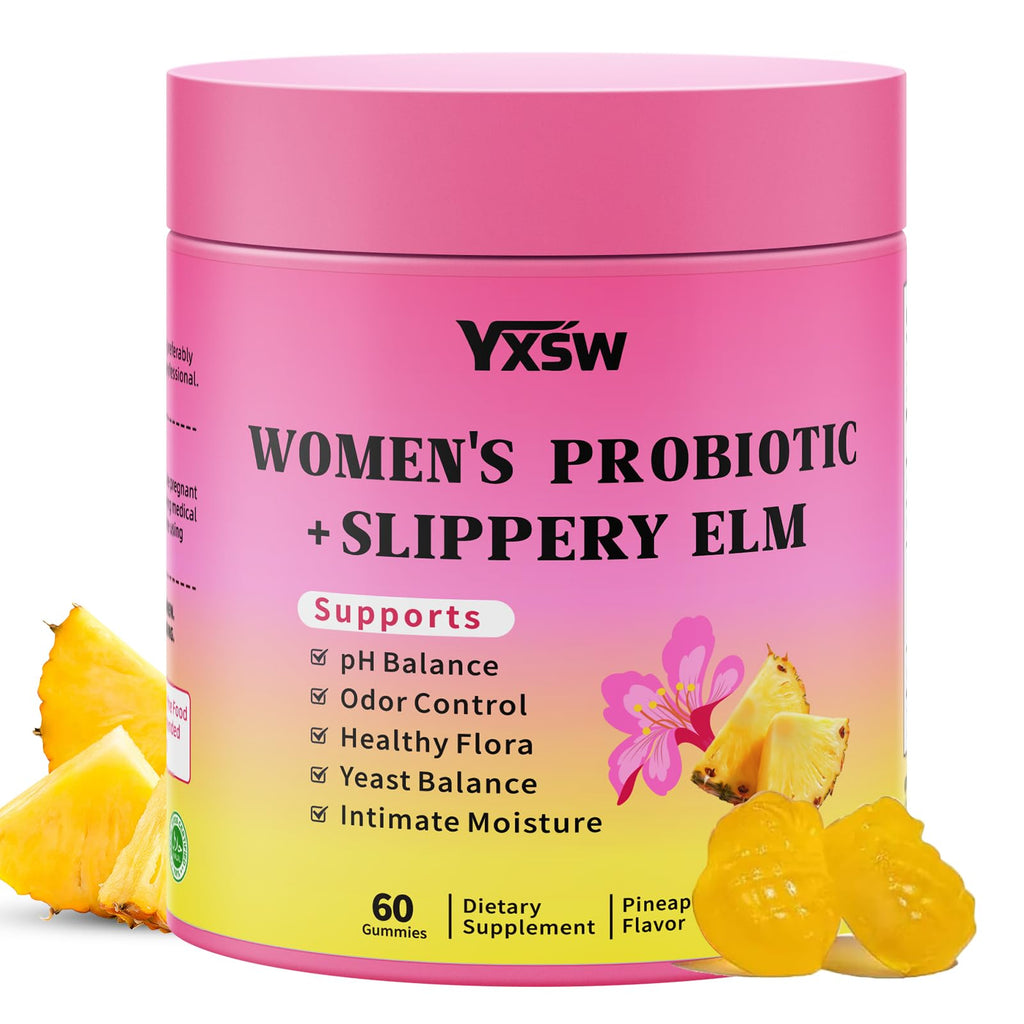 YXSW Women's Probiotics Slippery Elm Gummies, Sugar-Free Feminine Probiotics Gummies Support pH Balance, Gut Health & Immune System, Pineapple Flavor, 60 Count