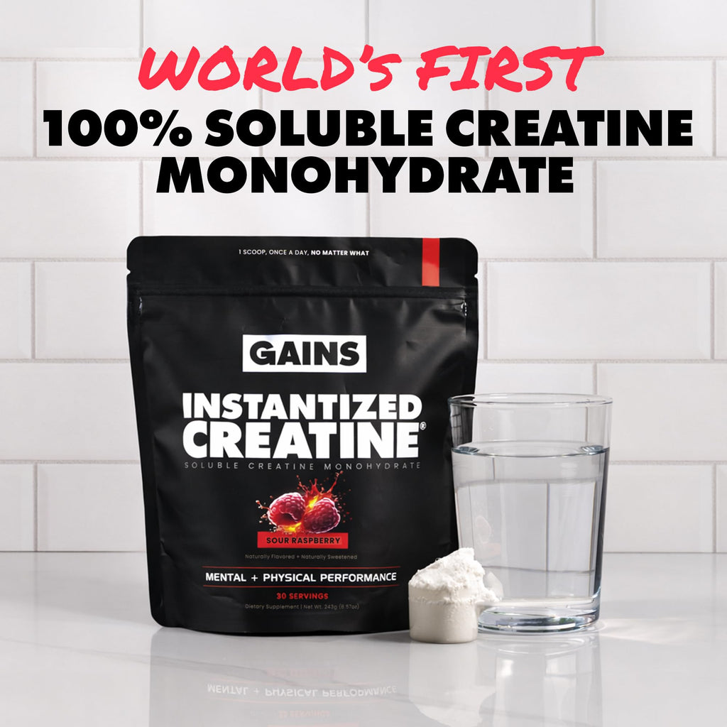 Gains in Bulk Instantized Creatine Monohydrate for Men & Women, Soluble Pre Workout Powder, Supports Muscle Building, Strength and Performance, Bodybuilding Supplements, Sour Raspberry, 30 Servings