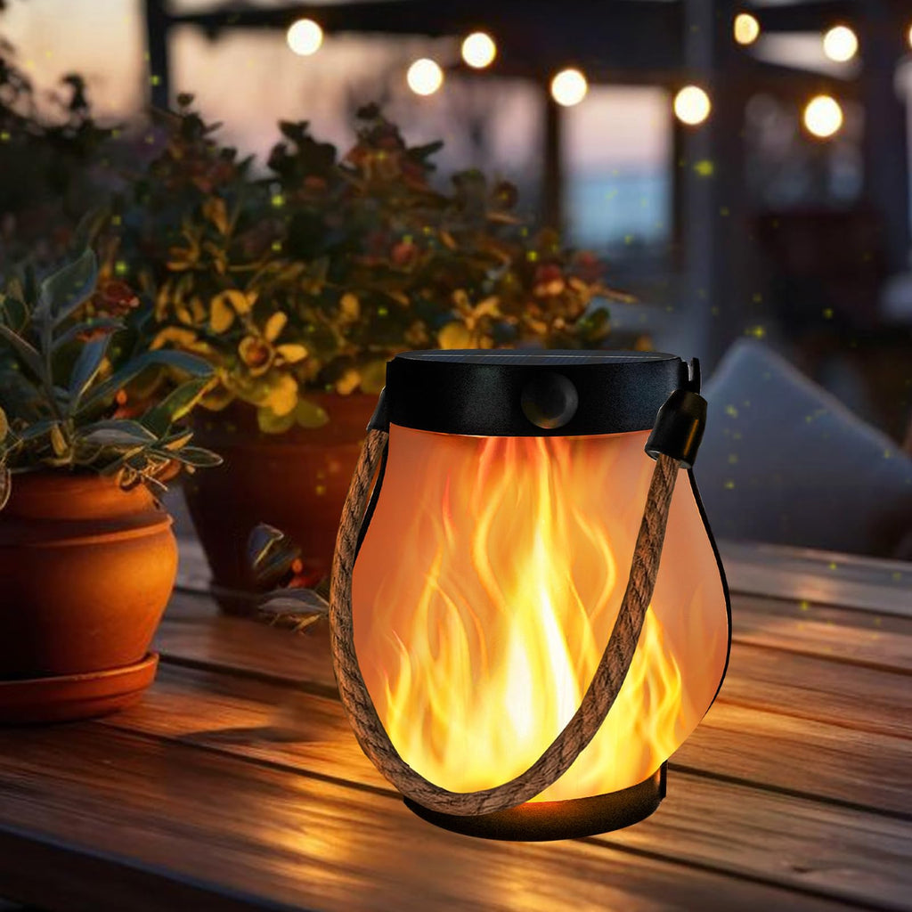 1 Pack Solar Lights Outdoor Waterproof, Solar Lantern with Dancing Flame, 2 Lighting Modes, Dual Charging USB & Solar Powered, with Hanging Rope Handle for Patio Yard Garden Tree Tabletop Decor