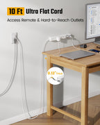 10Ft Flat Extension Cord with Multiple Outlets, Surge Protector Power Strip