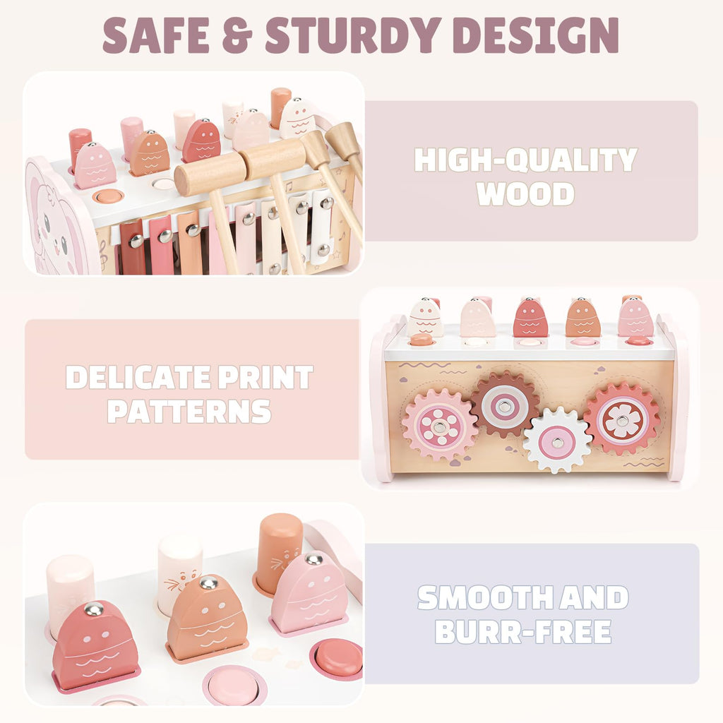 Joyreal Montessori Toys for 1 Year Old Girl Gift - Pink Wooden Hammering Pounding Toy with Xylophone & Fishing Game - Toddler Learning Activities for Kids 1+ 2 3 Year Old Christmas Birthday Gifts