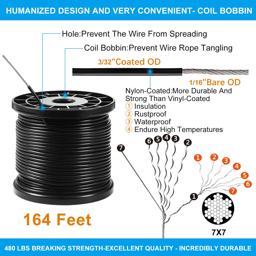Newleray String Light Hanging Kit,Guide Wire for Outdoor String Lights, Shade sail Hardware kit,with 164 Ft Nylon Coated Stainless Steel 304 Wire Rope