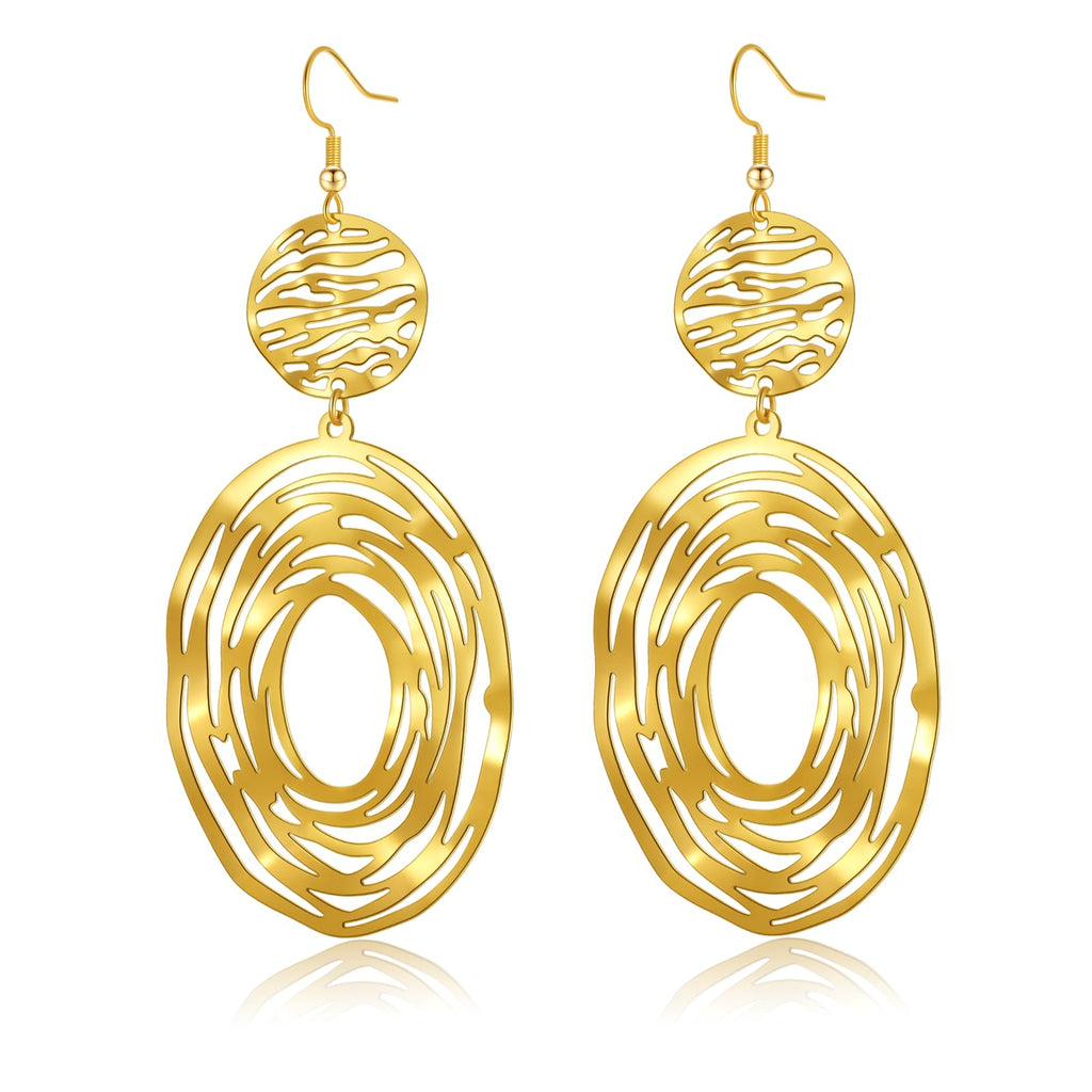 Hpoewre Gold Statement Dangle Earrings, 18K Gold Plated Hollow Out Earrings for Women, Long Dangling Bohemian Earrings, Handmade Trendy Geometric Round or Heart Drop Fish Hook Earring