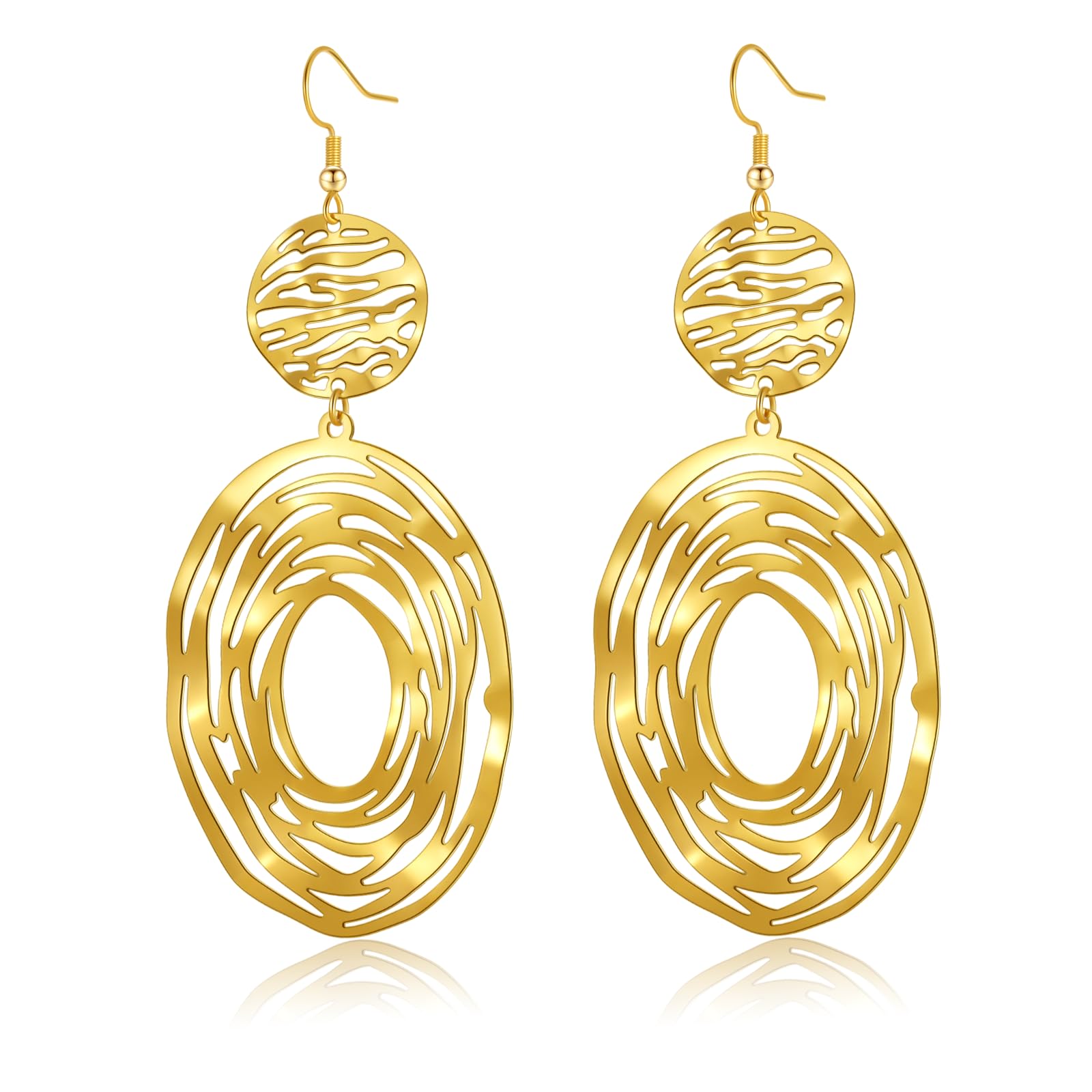 Hpoewre Gold Statement Dangle Earrings, 18K Gold Plated Hollow Out Earrings for Women, Long Dangling Bohemian Earrings, Handmade Trendy Geometric Round or Heart Drop Fish Hook Earring