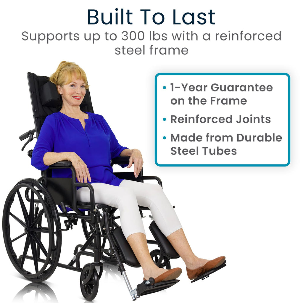 Vive Mobility Reclining Wheelchair with Elevating Leg Rests - Heavy Duty Recliner Wheel Chair for Seniors & Adults -Wide 18" Seat, up to 300lbs -High Back, w/Leg & Head Support -Comfortable Headrest