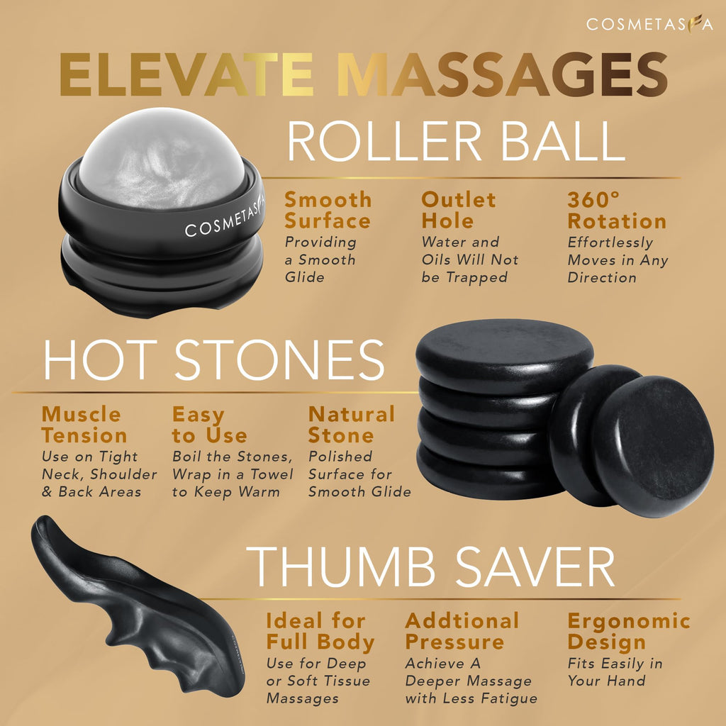 Cosmetasa Luxury Spa Treatment Gift Set - Relaxation, Nourish and Sore Muscle Massage Oil with Hot Stones, Roller Ball and Thumb Saver Massage Tools