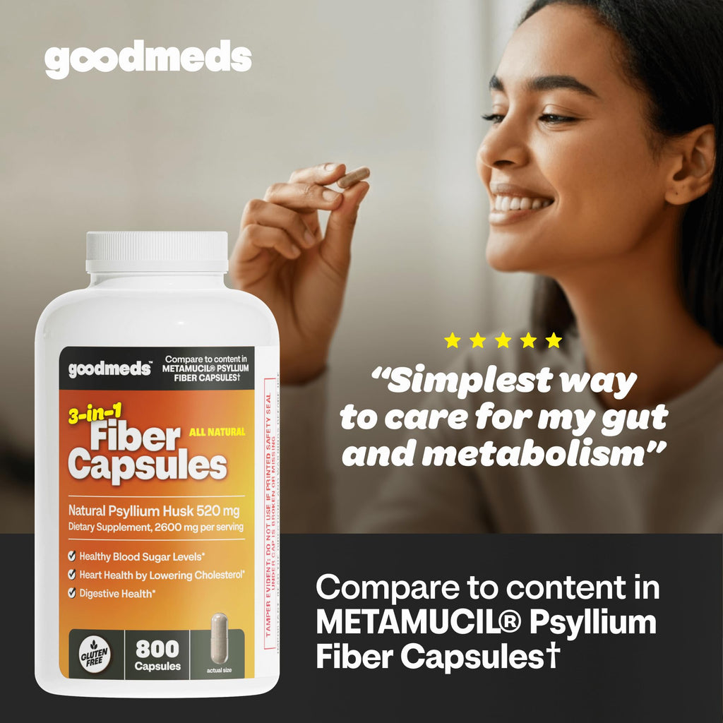 GoodMeds Psyllium Husk Fiber 520mg Capsules Supplement Soluble Dietary Colon Support for Women and Men, Restore Digestive Regularity and Balance (800 Count)