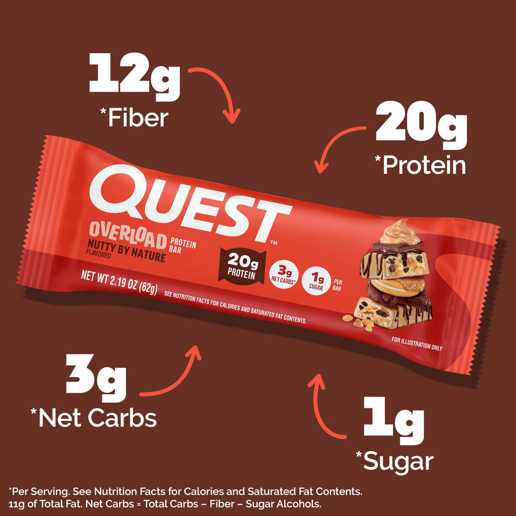Quest Nutrition Overload Protein Bars, Nutty by Nature Flavored Protein Bars, 20g Protein, 1g Sugar, 3g Net Carbs, Gluten Free, 12 Count
