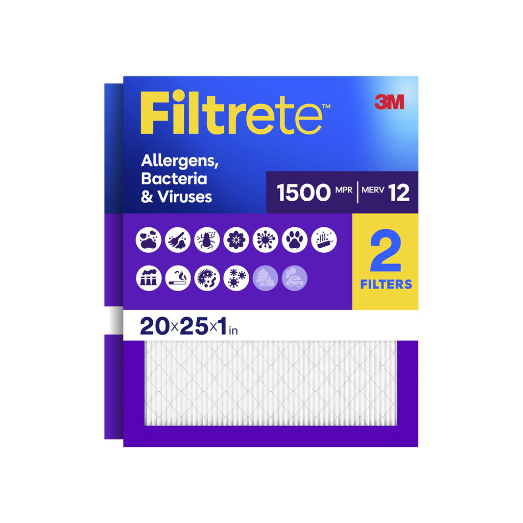 Filtrete 20x25x1 Air Filter, MERV 12, MPR 1500, Allergens, Bacteria & Viruses, 3-Month AC and Furnace Filters, Cleaner Air, Reliable Airflow, 2 HVAC Filters (Actual Size 19.62 x 24.62 x 0.78 in)