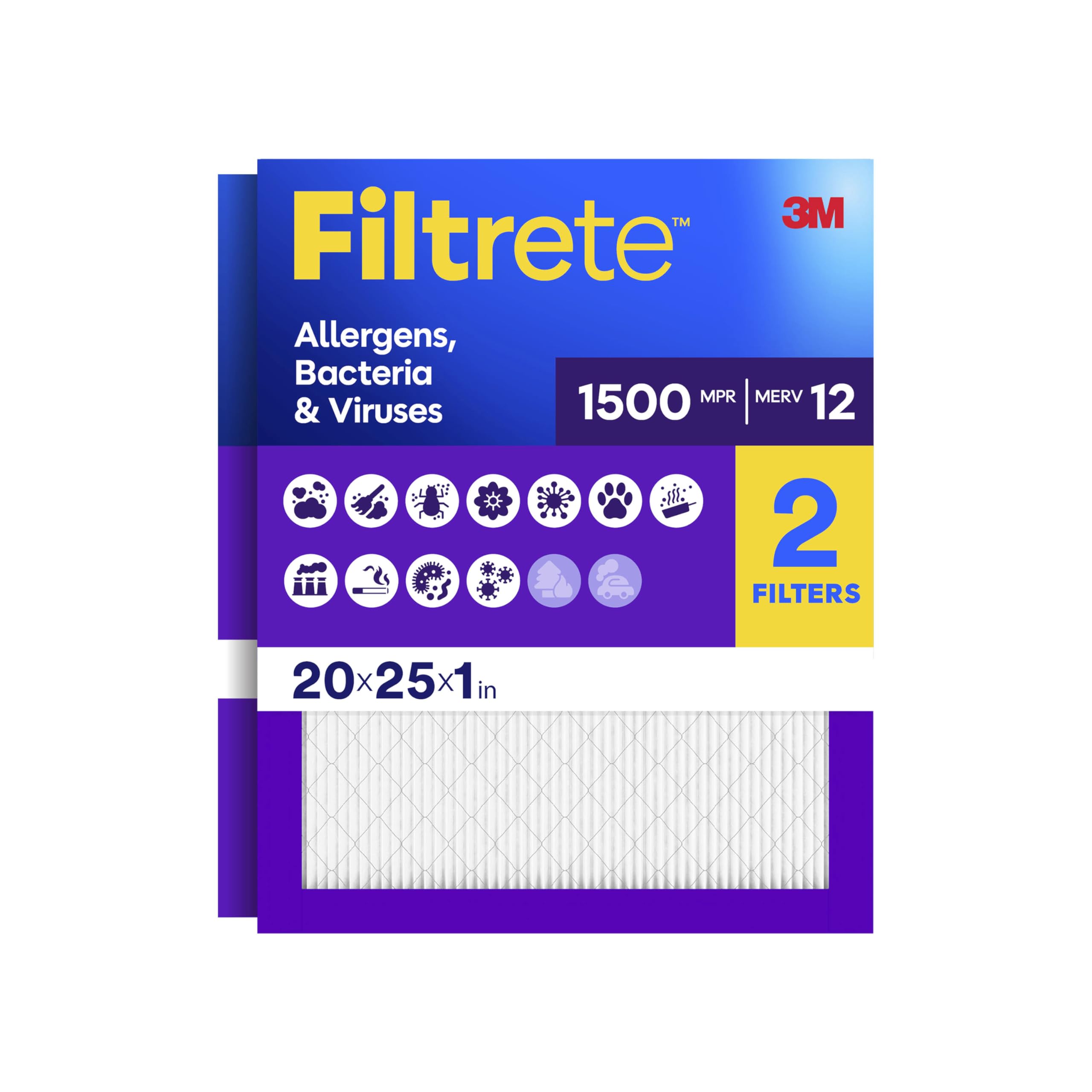 Filtrete 20x25x1 Air Filter, MERV 12, MPR 1500, Allergens, Bacteria & Viruses, 3-Month AC and Furnace Filters, Cleaner Air, Reliable Airflow, 2 HVAC Filters (Actual Size 19.62 x 24.62 x 0.78 in)