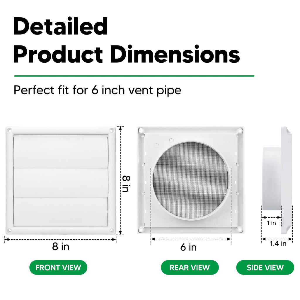 Funmit 6" Louvered Vent Cover 8" x 8" Oversize Outside Dimensions for 6 inches Dia Exterior Wall Vent Hood Outlet Airflow Vent Dryer Air Vent (White)