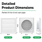 Funmit 6" Louvered Vent Cover 8" x 8" Oversize Outside Dimensions for 6 inches Dia Exterior Wall Vent Hood Outlet Airflow Vent Dryer Air Vent (White)