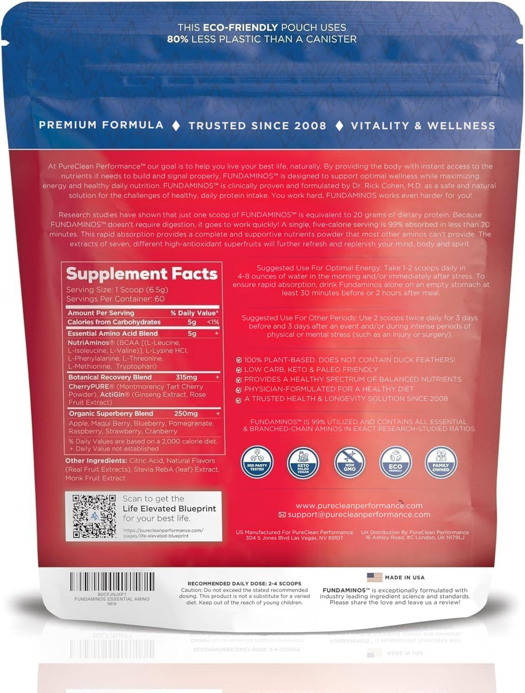 FundAminos EAA + BCAA Amino Acid Powder | Organic, Vegan, Plant-Based | Complete Essential Aminos for Everyday Nutrition | Optimized Protein Utilization | Refreshing Superfruits Blend - 60 Servings